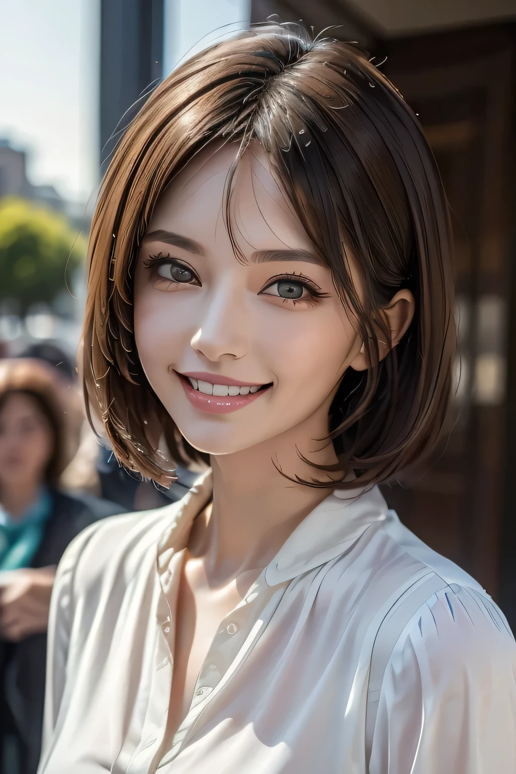 ((masterpiece)), ((Highest quality)), ((Complex)), ((Surreal)), (Realistic), (Mature Woman), ((No classes)), Very detailed, (1 female), Beautiful and exquisite, (Beautiful Teeth), Grin, Brunette bob hair, Brown eyes, ((blouse)), (Upper Body), (background:none), Perfect Eyes, Captivating eyes, Looking at the audience