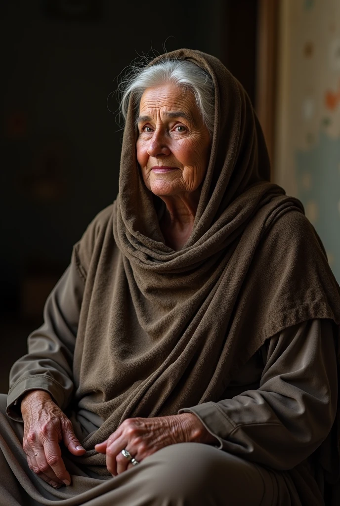 Bbw Arab grandmother sitting on the floor and looking at the photographer