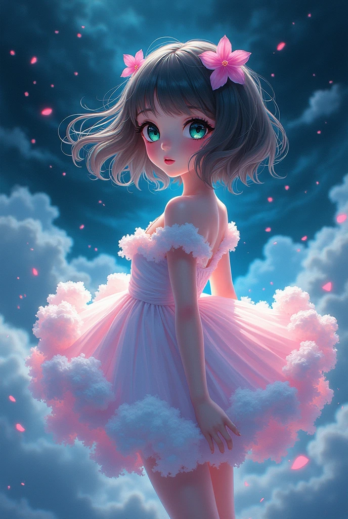 Cute anime girl in a black dress made of clouds. The skirt is very fluffy and flutters in the wind when she walks. Big green eyes with eyelashes around her face, cloud-like hair, white skin shining in the bright light, oil painting, brush strokes, anime style, full body portrait, dark background, neon lights, colorful, cute style, typhoon coming、Works by Takashi Murakami