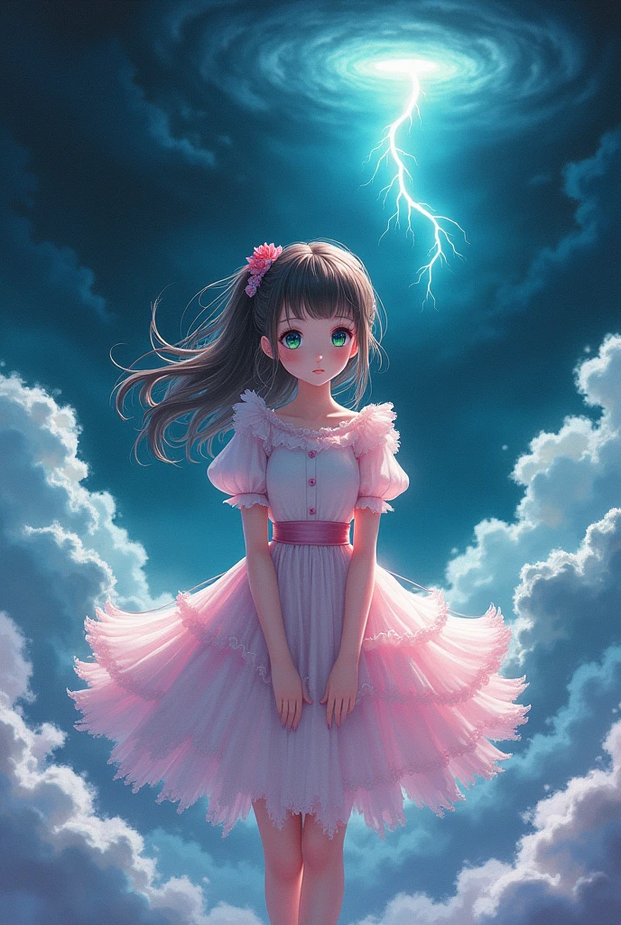Cute anime girl in a black dress made of clouds. The skirt is very fluffy and flutters in the wind when she walks. Big green eyes with eyelashes around her face, cloud-like hair, white skin shining in the bright light, oil painting, brush strokes, anime style, full body portrait, dark background, neon lights, colorful, cute style, typhoon coming、Works by Takashi Murakami