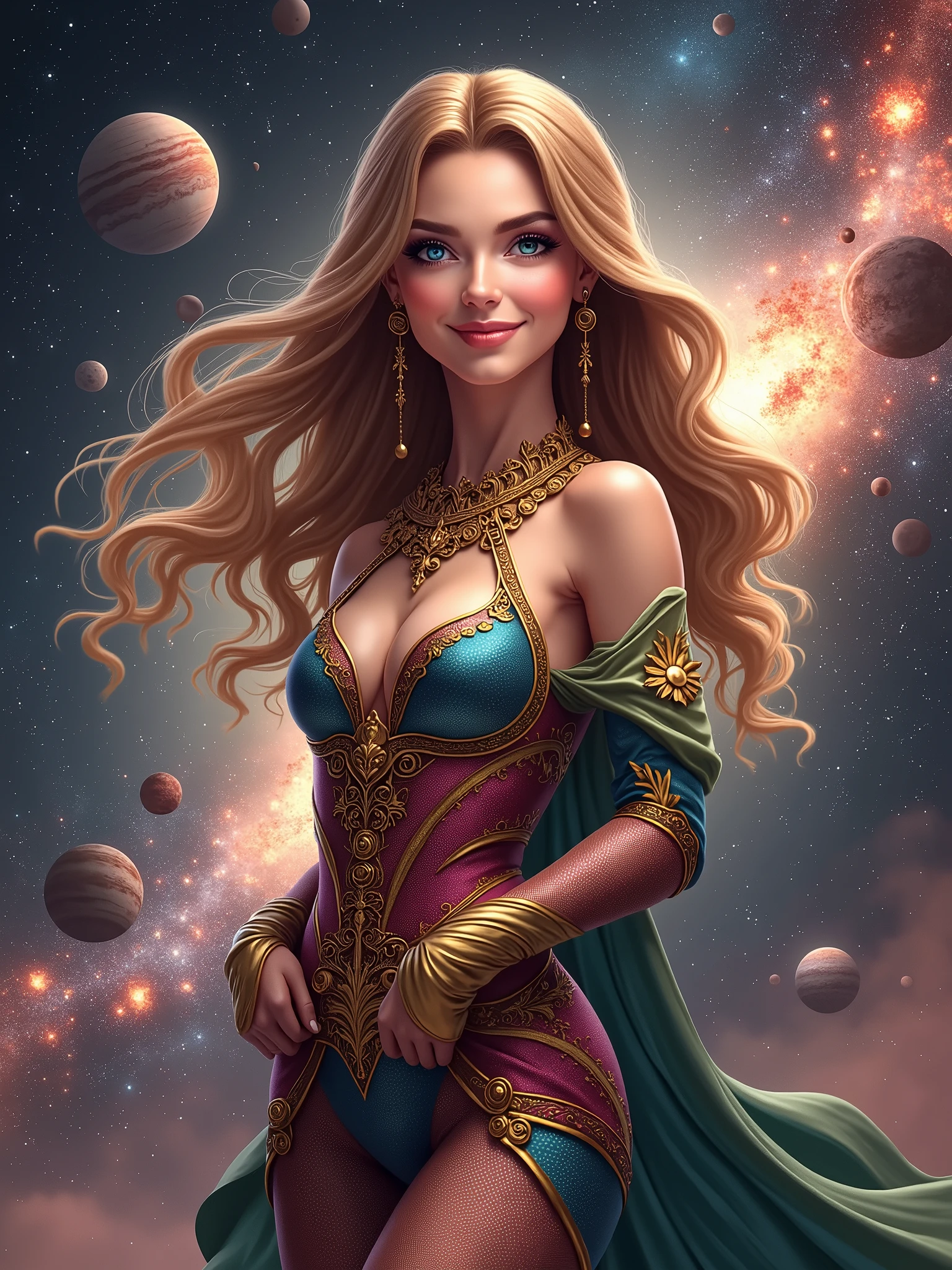 Highest quality、masterpiece、Ultra-high resolution、(Realistic:1.4)、Beautiful woman、Take a full body photo、Beautiful eye and skin details、smile、Light brown long hair、カラフルなuniverse服のコスチューム、universe、Planetary collision、Background explosion、(((Composite Beam)))