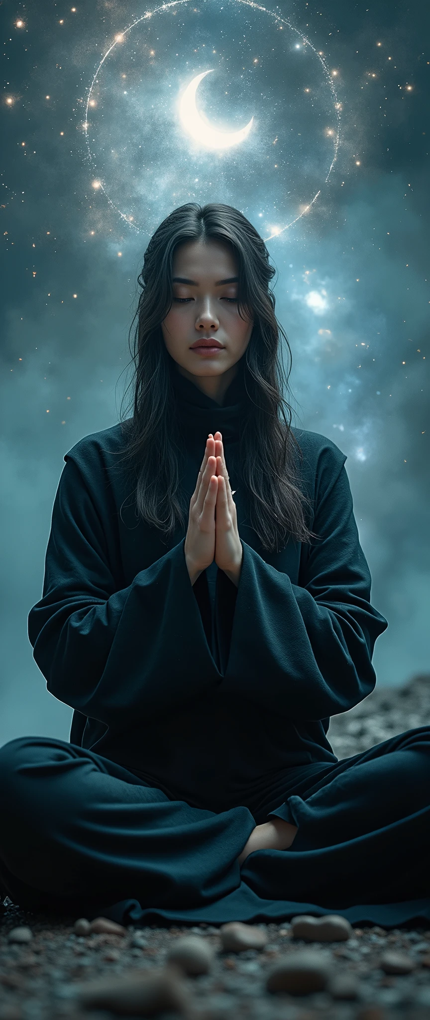 (masterpiece:1.2,Exceptional Quality,mirror-like,Cinematic Experience,Photorealistic:2.0,RAW Photos:2.0,Super detailed),8k,wallpaper,(1 female),(Detailed hand drawing:2.0),(Beautiful female hands:2.0),(A female ninja sage in the world of illusion:2.0),(Ninja black costume:2.0),(Look this way),(Beautiful Eyes,Beautiful and shining eyes),(Women are on the brink of enlightenment:2.0),(She is meditating:2.0),(The woman's body is enveloped in an aura of enlightenment:2.0),(The background is the universe made up of 3,000 worlds:2.0),(VFX:2.0,CG:2.0)