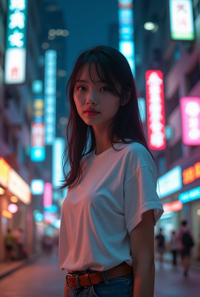 girl，Real photography,Natural light,((best quality、8k、masterpiece:1.3))、Ultra-high resolution、(photorealistic:1.4)，Wearing a white T-shirt，brown belt，On the streets of cyberpunk，Hong Kong at night，Neon lights