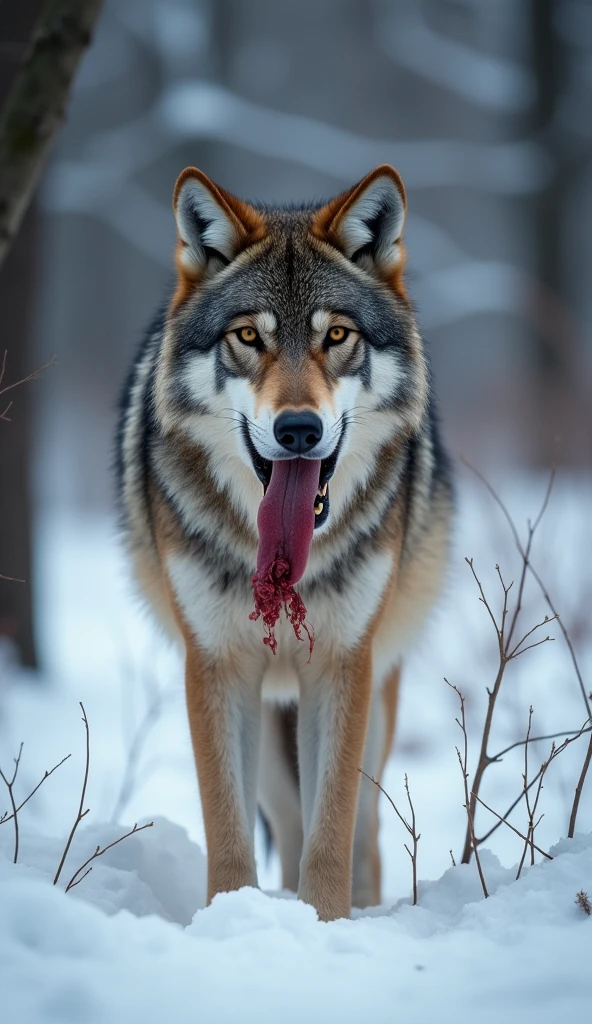 wolf in forest during harsh winter, finds carrion and eats it, bloody mouth, harsh winter, winter scenery
