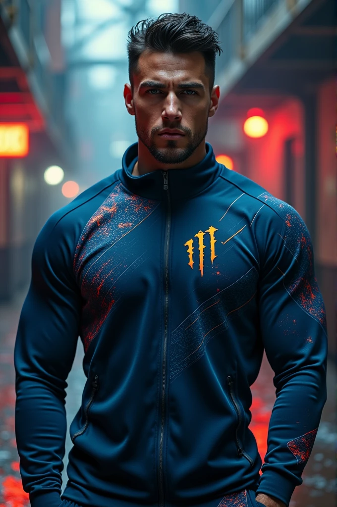 generate a full shot of a man wearing a cyberpunk style gym wear tshirt. with the base colour of the tshirt being navy blue.