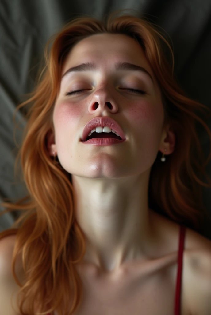 Photo of a ginger Russian girl on her knees looking up at the camera, pov, eye liner, bedroom, mouth open, eyes closed, a little white thick liquid on the face, DV_Chen_Vicious,