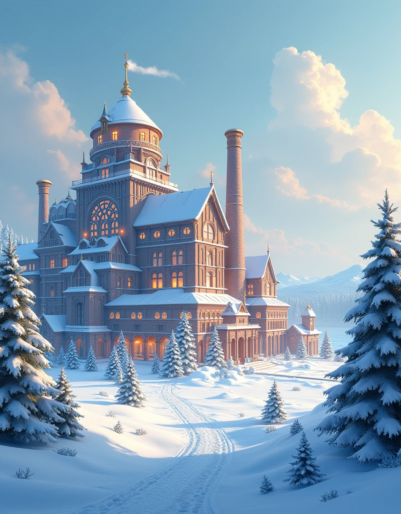 Capture a snow-covered landscape featuring a grand toy factory in the center, flanked by a massive Christmas tree on the left and a runway on the right, as seen from a ground-level perspective. The scene resembles a 2D painting, capturing the setting with a wide-angle lens to showcase the vastness of the surroundings. The style draws inspiration from a classic winter fairy tale, employing a soft color palette of icy blues and whites, highlighted by warm golden lights radiating from the factory. The snow blanketing the ground and trees adds a serene ambiance. The factory is ornately decorated with delightful details, reinforcing the enchanting nature of the scene. The image aims to invoke a sense of wonder and thrill, reminiscent of youthful Christmas fantasies.