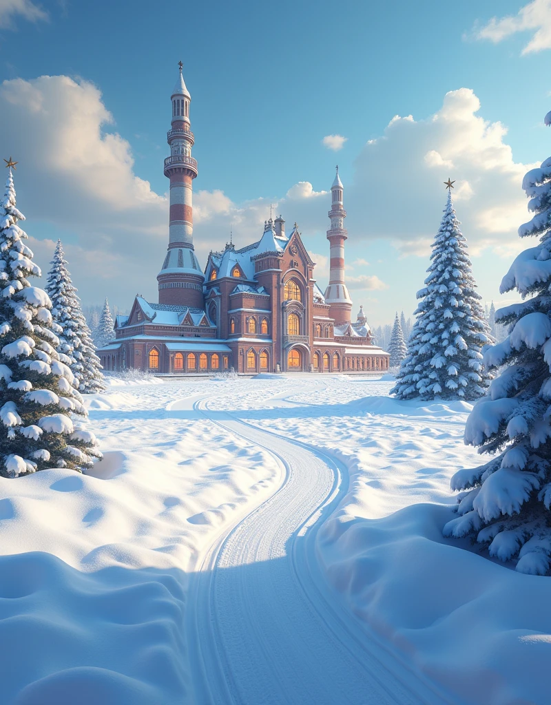 Capture a snow-covered landscape featuring a grand toy factory in the center, flanked by a massive Christmas tree on the left and a runway on the right, as seen from a ground-level perspective. The scene resembles a 2D painting, capturing the setting with a wide-angle lens to showcase the vastness of the surroundings. The style draws inspiration from a classic winter fairy tale, employing a soft color palette of icy blues and whites, highlighted by warm golden lights radiating from the factory. The snow blanketing the ground and trees adds a serene ambiance. The factory is ornately decorated with delightful details, reinforcing the enchanting nature of the scene. The image aims to invoke a sense of wonder and thrill, reminiscent of youthful Christmas fantasies.
