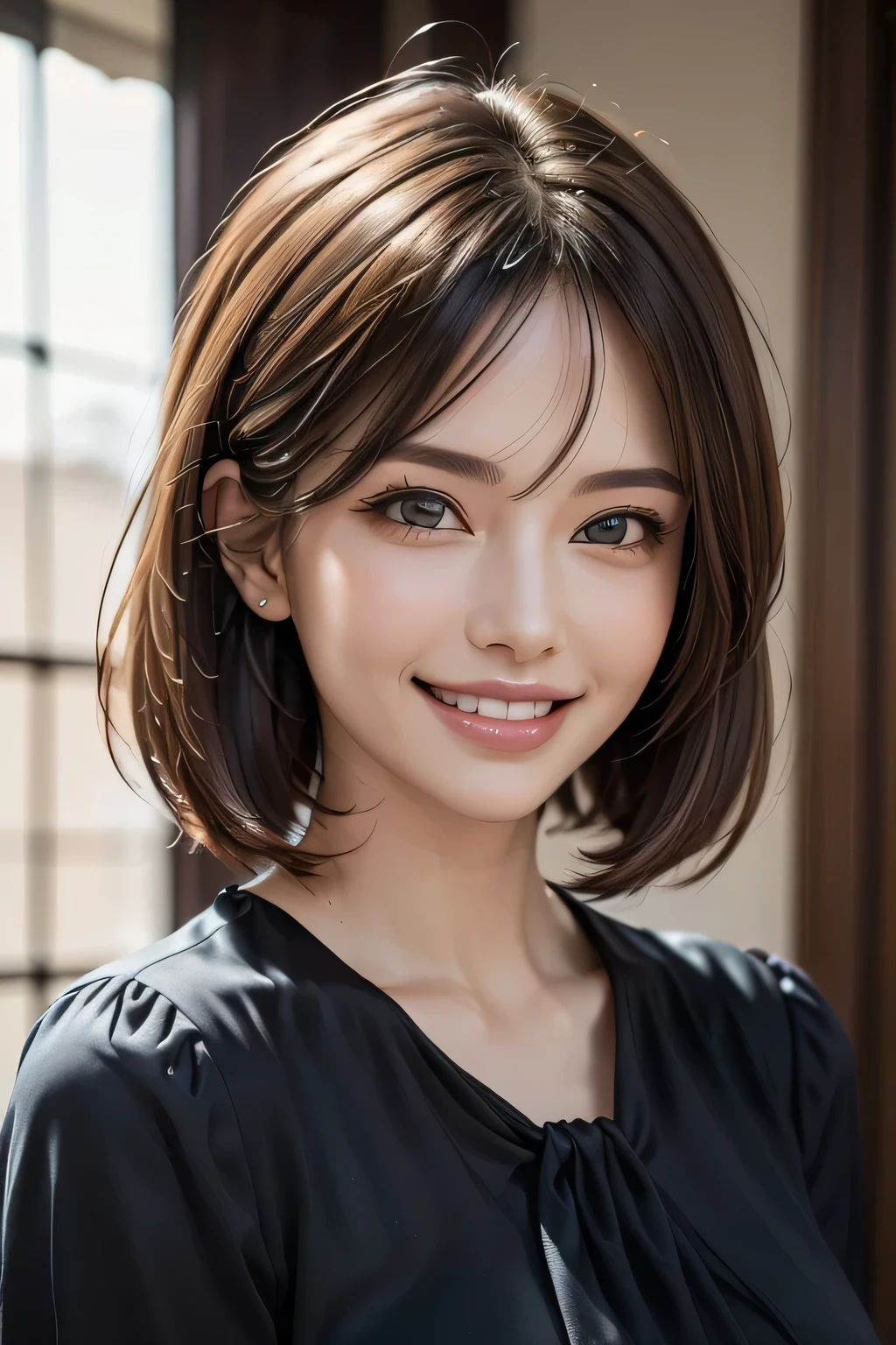 ((masterpiece)), ((Highest quality)), ((Complex)), ((Surreal)), (Realistic), (Mature Woman), ((No classes)), Very detailed, (1 female), Beautiful and exquisite, (Beautiful Teeth), Grin, Brunette bob hair, Brown eyes, ((blouse)), (Upper Body), (background:none), Perfect Eyes, Captivating eyes, Looking at the audience