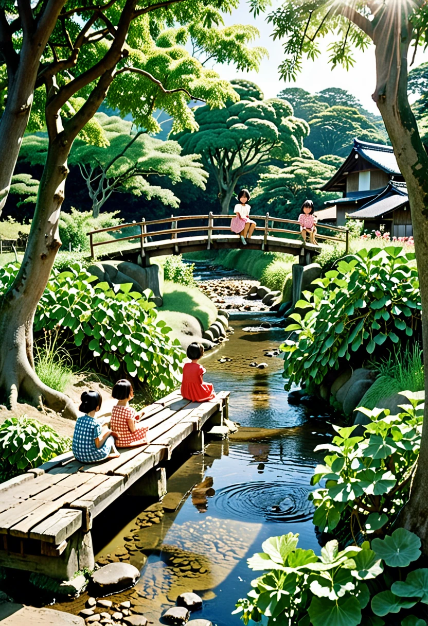 A rural scene in Japan in the 1960s. Children sitting and chatting on a small wooden bridge over a village stream. Midsummer sunshine. A large camphor tree at the foot of the bridge. Sunlight filtering through the trees illuminates the children. Watermelons are dipping in the stream. A clear summer sky. A calm summer day.