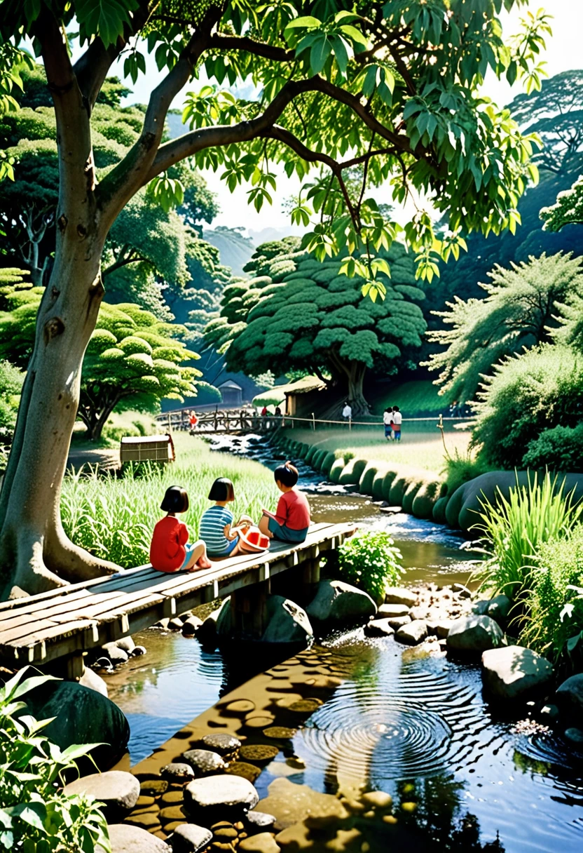 A rural scene in Japan in the 1960s. Children sitting and chatting on a small wooden bridge over a village stream. Midsummer sunshine. A large camphor tree at the foot of the bridge. Sunlight filtering through the trees illuminates the children. Watermelons are dipping in the stream. A clear summer sky. A calm summer day.