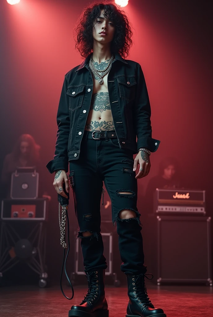 Photography of a 20 year old Asian guy with long curly hair wearing a black jacket with tattoos, ripped jeans, chain accessories, boots holding a mic on stage