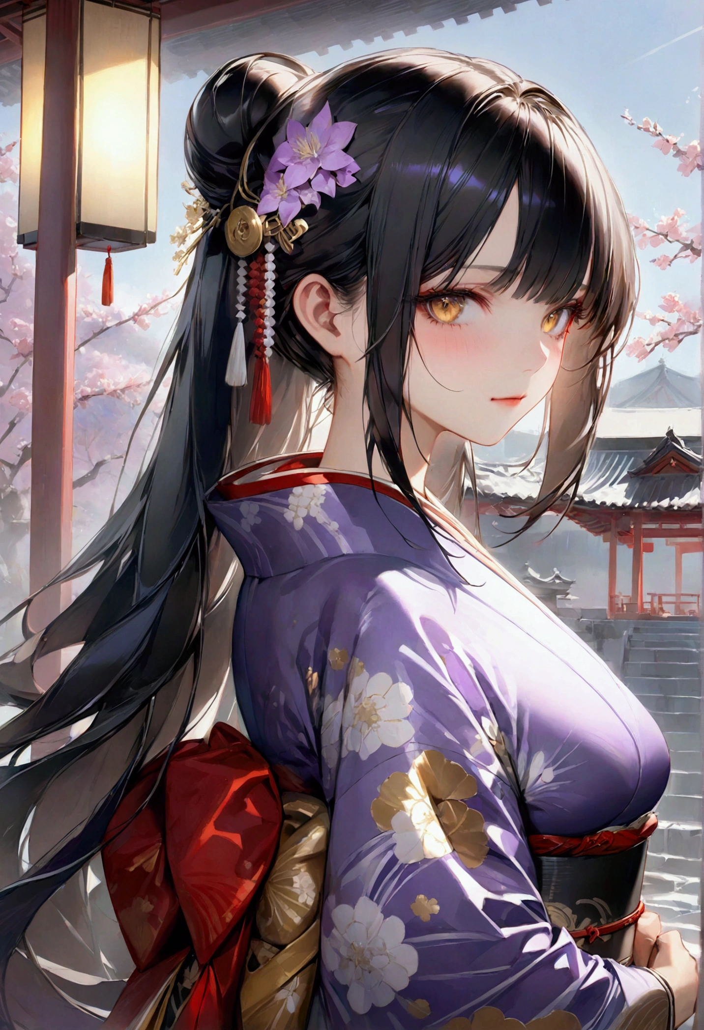 Long smooth straight black hair, inner colored dark-purple hair, golden eyes,kimono, masterpiece, super detail, best quality, 8k,semi-realistic