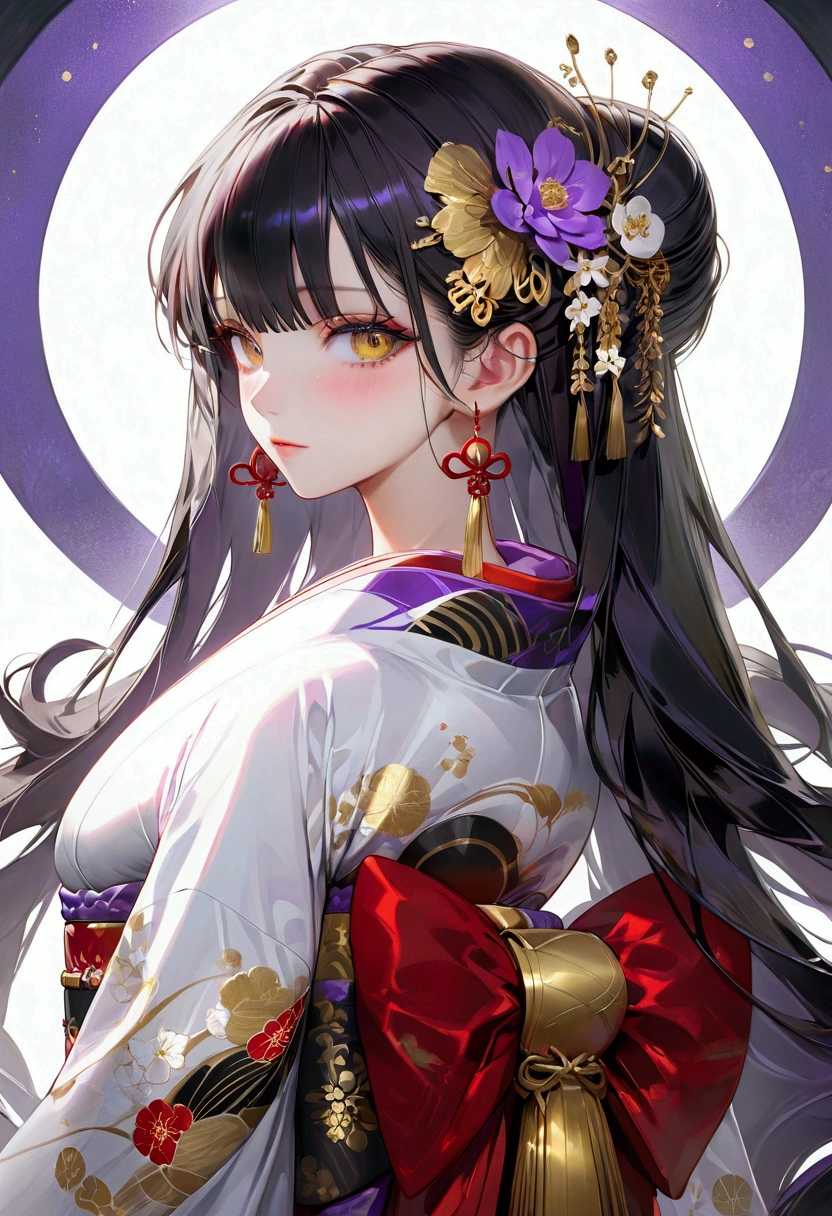 Long smooth straight black hair, inner colored dark-purple hair, golden eyes,kimono, masterpiece, super detail, best quality, 8k,semi-realistic