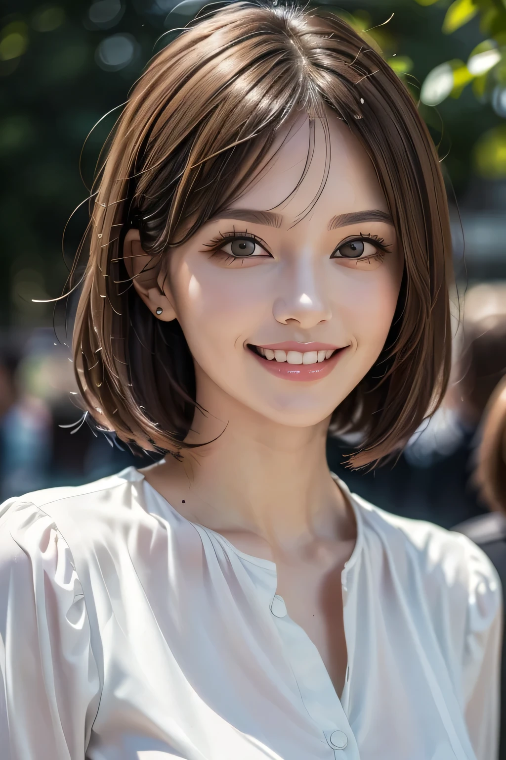 ((masterpiece)), ((Highest quality)), ((Complex)), ((Surreal)), (Realistic), (Mature Woman), ((No classes)), Very detailed, (1 female), Beautiful and exquisite, (Beautiful Teeth), Grin, Brunette bob hair, Brown eyes, ((blouse)), (Upper Body), (background:none), Perfect Eyes, Captivating eyes, Looking at the audience