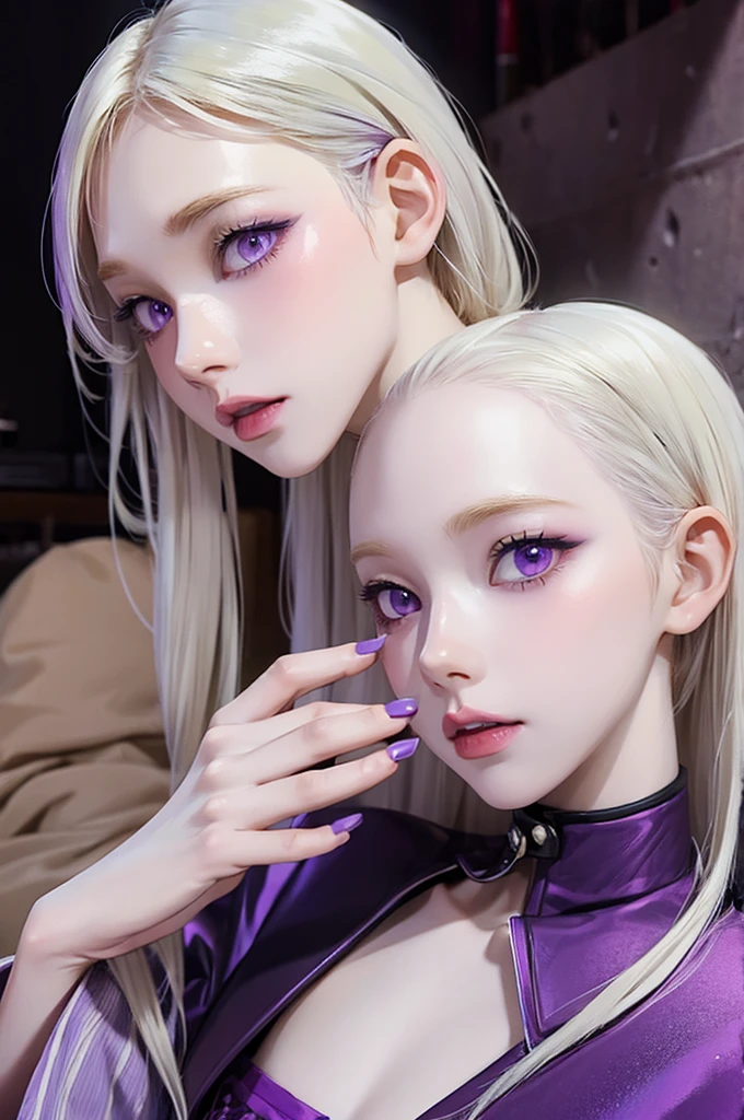 Girl 1. Blonde hair with a single lilac streak. Purple eyes. Pale skin. Purple cheeks. Shoulder hair. Relaxed clothing.