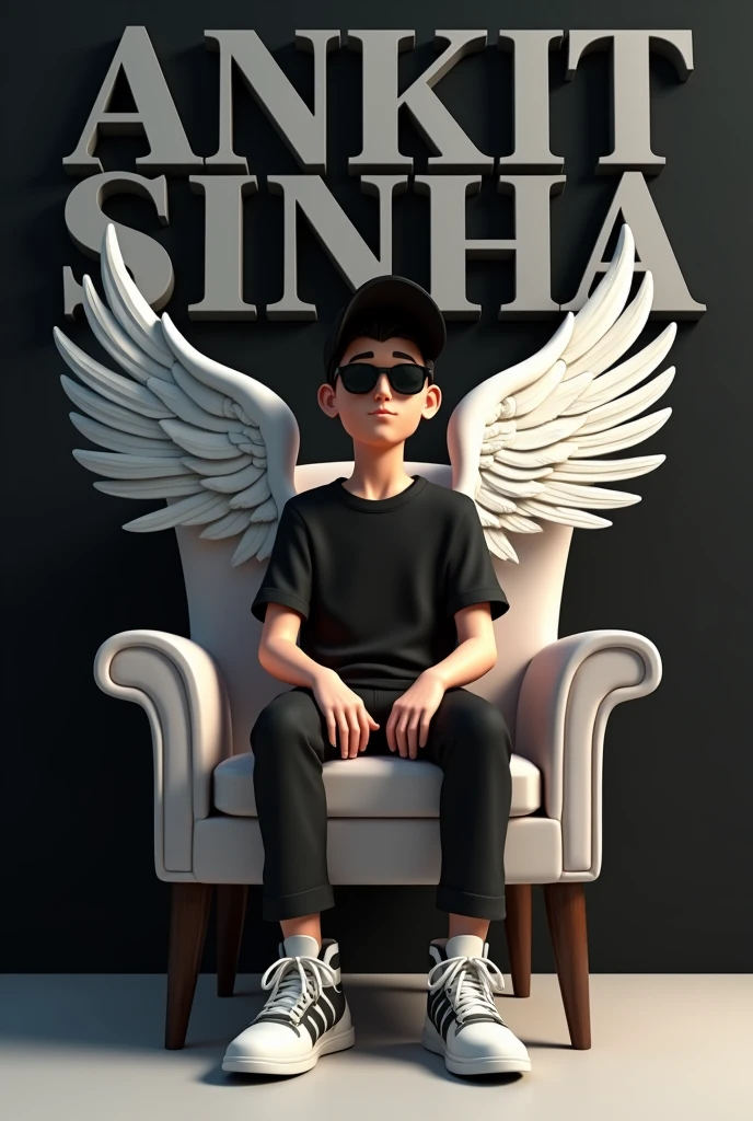Create a 3D illustration of a adult boy in a black shirt sitting casually on a wingback chair wearing sneakers, a black cricket cap, and sunglasses while looking ahead. The background features “Ankit Sinha” in big and capitalised white fonts on the black wall. There should not be his shadow, and there are wings to make it appear as if he is an angel
