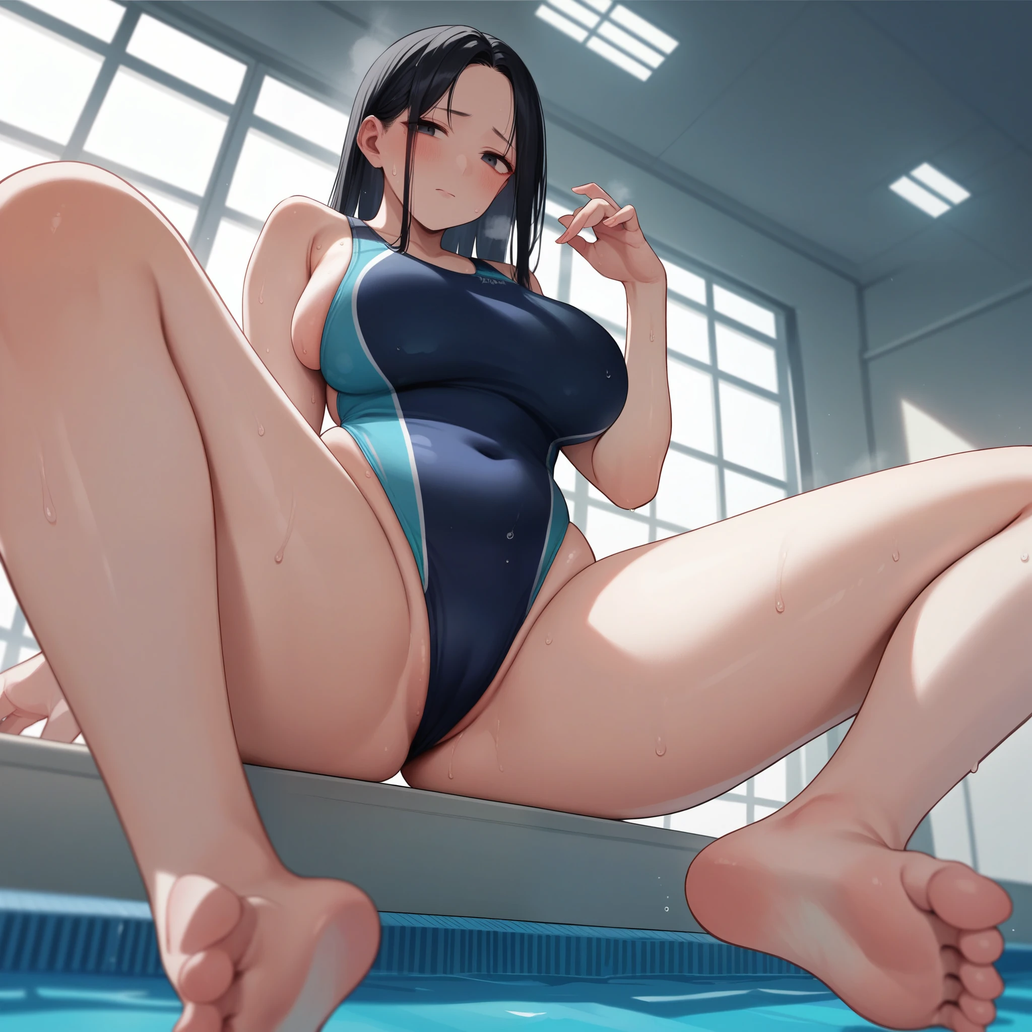 nsfw,beautiful girl,Anime Face,older sister,Black Hair,parted bangs,steam,(low quality,worst quality:1.4),extra limbs,missing limb,extra digit,fewer digit,missing digit,missing finger,fused fingers,mutated hands and fingers,1girl,sweat,from below,soles of both feet,show the soles of your feet,face forward,stretch your legs,front,sit with legs stretched out,front,embarrassed,competition swimsuit,pool,sagging breasts,straddling