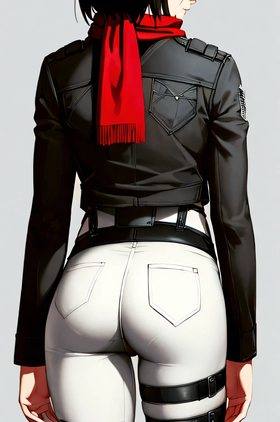 (((Only the buttocks are stained with black color paint.)))
masterpiece, Highest quality, High resolution, mikasa ackerman,Hmm., short hair, iris, scarf, Symbolism, belt, Thigh straps, red scarf,Brown jacket, Long sleeve, Cowboy Shot, Are standing, From behind, Pay attention to the butt, Nice ass,,mikasa, short hair, black eyes, scarf, emblem belt, thigh strap