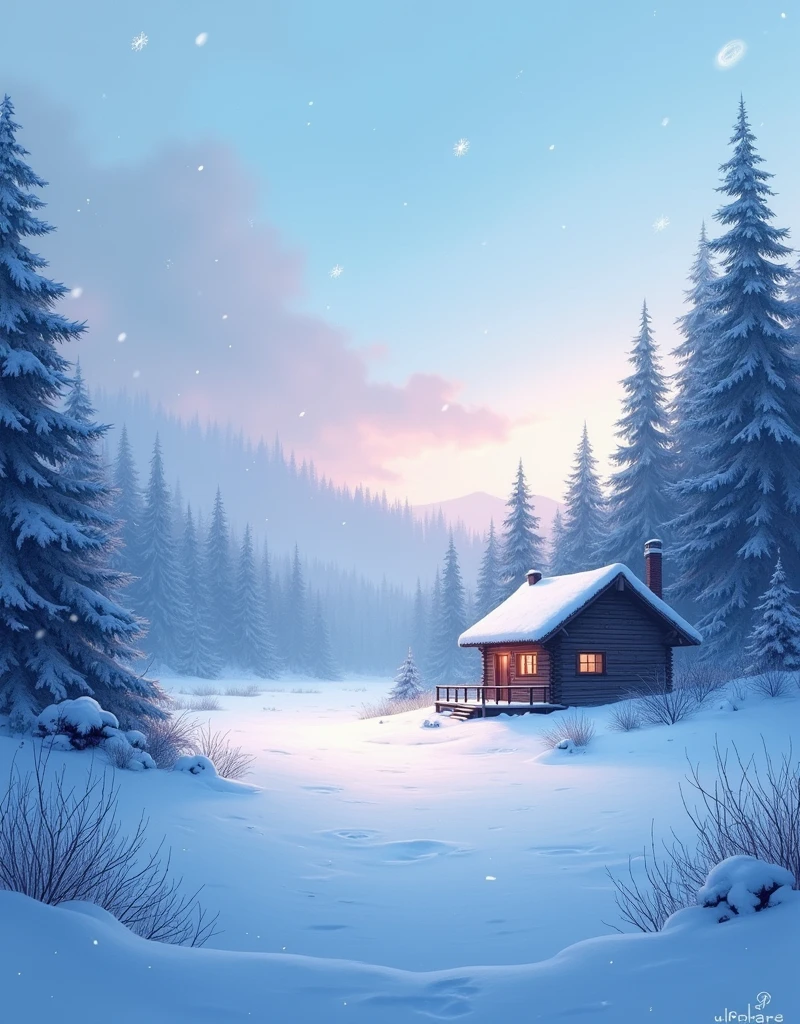 Illustrate an icy, frost covered landscape. Snowflakes are gently falling from the sky, creating a serene and quiet environment. The ground is covered in a thick layer of glowing white snow. In the distance, there is a small, isolated wooden cabin with smoke gently rising from its chimney, suggesting a warm and cozy interior. Surrounding the cabin is a forest of tall, snow dusted pine trees that stand proudly against the chill. Overhead, the sky is a soft blend of blues and purples highlighting the extreme cold of the environment. Capture the beauty and tranquility of a winter scene.