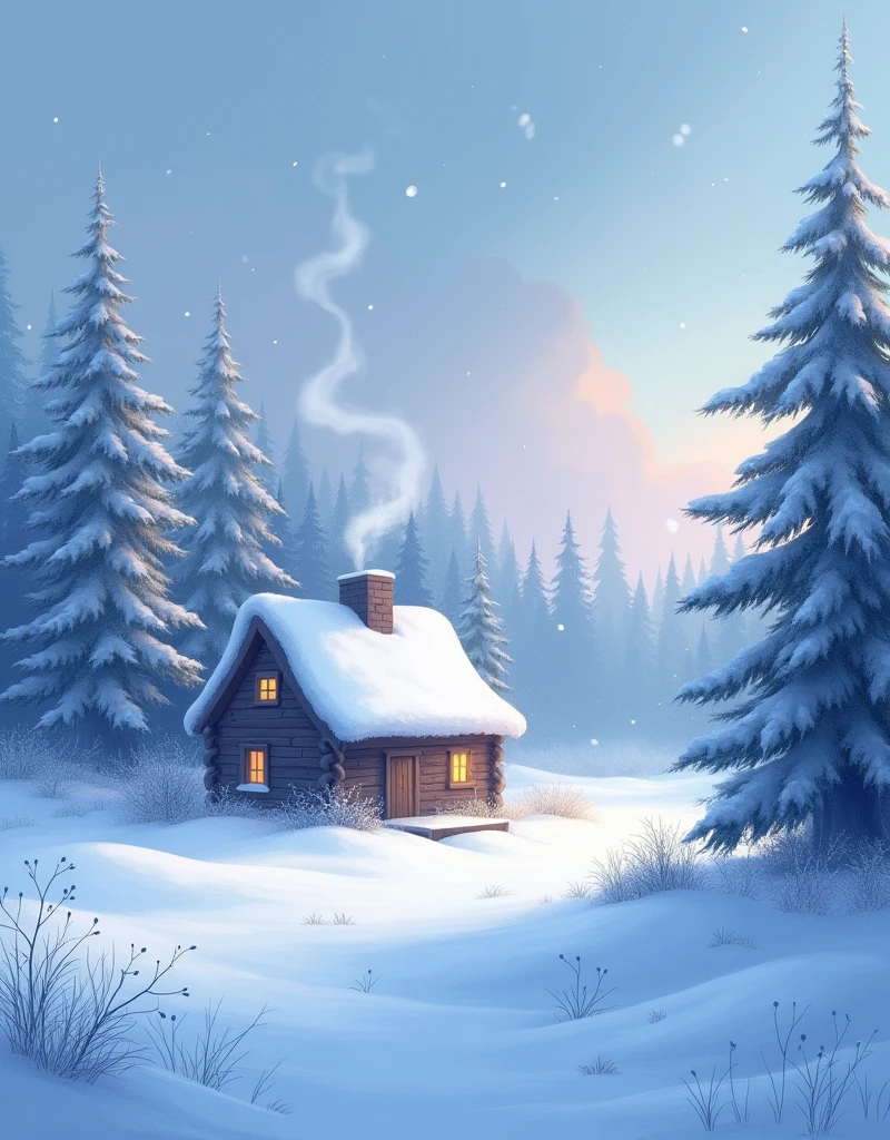 Illustrate an icy, frost covered landscape. Snowflakes are gently falling from the sky, creating a serene and quiet environment. The ground is covered in a thick layer of glowing white snow. In the distance, there is a small, isolated wooden cabin with smoke gently rising from its chimney, suggesting a warm and cozy interior. Surrounding the cabin is a forest of tall, snow dusted pine trees that stand proudly against the chill. Overhead, the sky is a soft blend of blues and purples highlighting the extreme cold of the environment. Capture the beauty and tranquility of a winter scene.