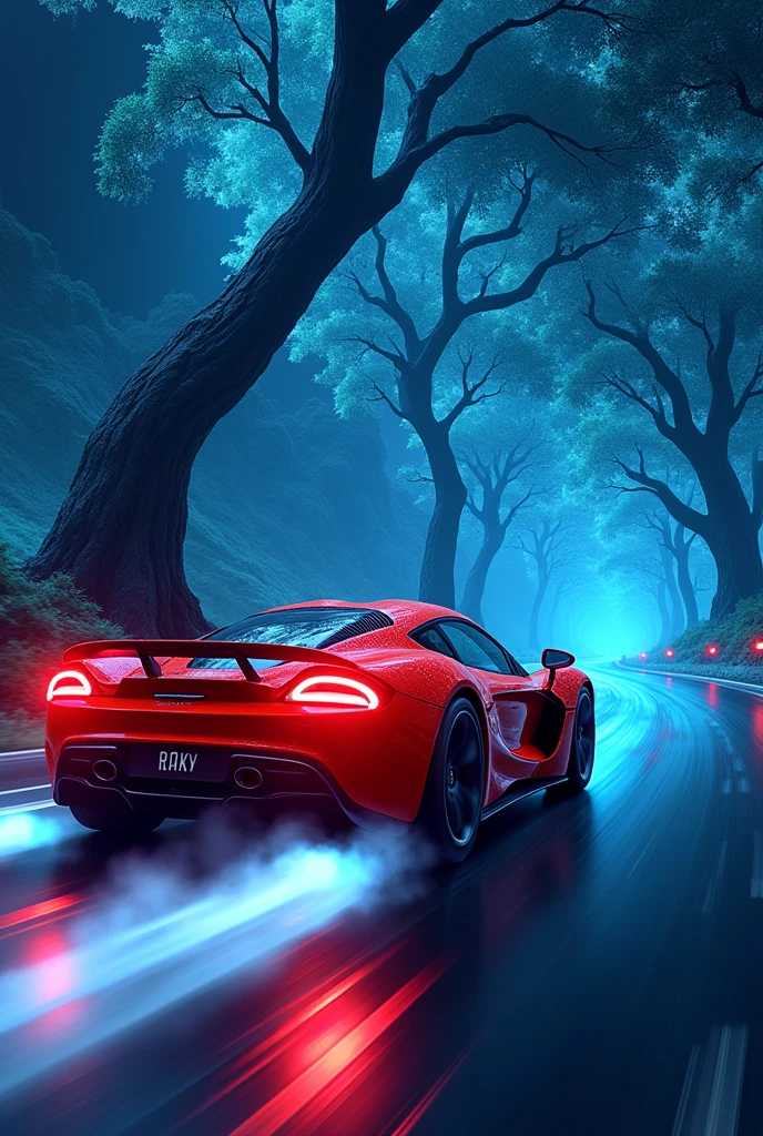 A red car with blue trees driving in a full speed in night