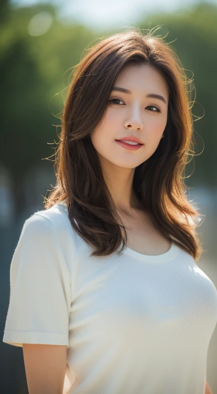  Brown-haired woman 30 years old、dirty、Lens flare、(8k、to be born、Professional、Highest quality、masterpiece:1.2)、(Realistic、Realistic:1.37)、Very detailed、(Best detailed skins:1.2)、(Ultimate detailed face:1.2)、Cinema Lighting、1 female、Japanese、Brown Short Cut、(the wind is strong)、Warm White Light、A shy smile、Photographed from the front、((Highest quality、8k、masterpiece:1.3))、Beautiful woman with perfect figure:1.4、、((Dark brown hair、Big Breasts:1.2))、Very detailedな顔と肌の質感、Detailed eyes、double eyelid、Big Breasts、gender　Wearing a plain white crew neck T-shirt　Tokyo　whole photo　Beach