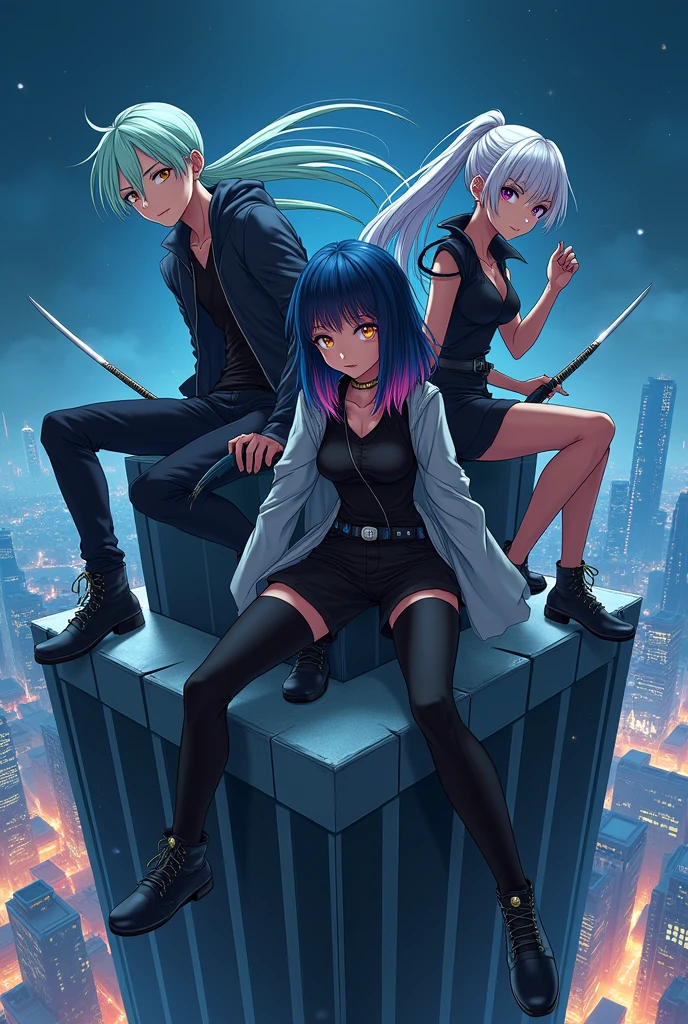Create four young people, two girls and two boys, one of the boys has long white hair with cyan blue highlights, styled in a ponytail, The other boy has short mint green hair, a girl has medium black hair with blue highlights, the other girl has short white hair with pink highlights. The four young people wear black cyberpunk clothing and carry katanas., and pose heroically in an ambient mood on top of a building at night ANIME STYLE 