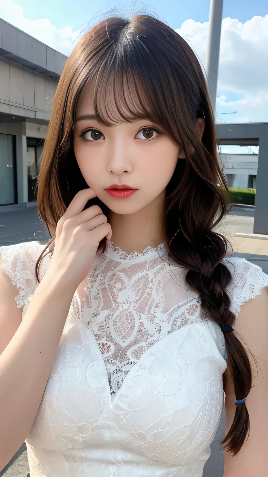 (Highest quality、realism、Glowing skin、8k、Very detailed、Photorealistic photography、Perfect Anatomy、masterpiece: 1.3、Very delicate and elaborate skin、High resolution 16k human lace skin、So fine that you can see your pores、Adapted to natural skin、Symmetrical face)、Mini dress、Silver Hair、Sexy big boobs， cute pretty beautiful sexy face、A strong wind blows my hair in front of my face、Reduces the appearance of nasolabial folds、Fluttering exy Big 、Sexy cute looks and cute  美しい girl, 美しい and sexy face、A strong wind blows my hair in front of my face、美しい long blonde French braided hair、Cute and sexy eyes hidden behind long bangs、Glaring、Eyes welling up with tears、カラフルなMini dress、Sticking out the tongue from the mouth