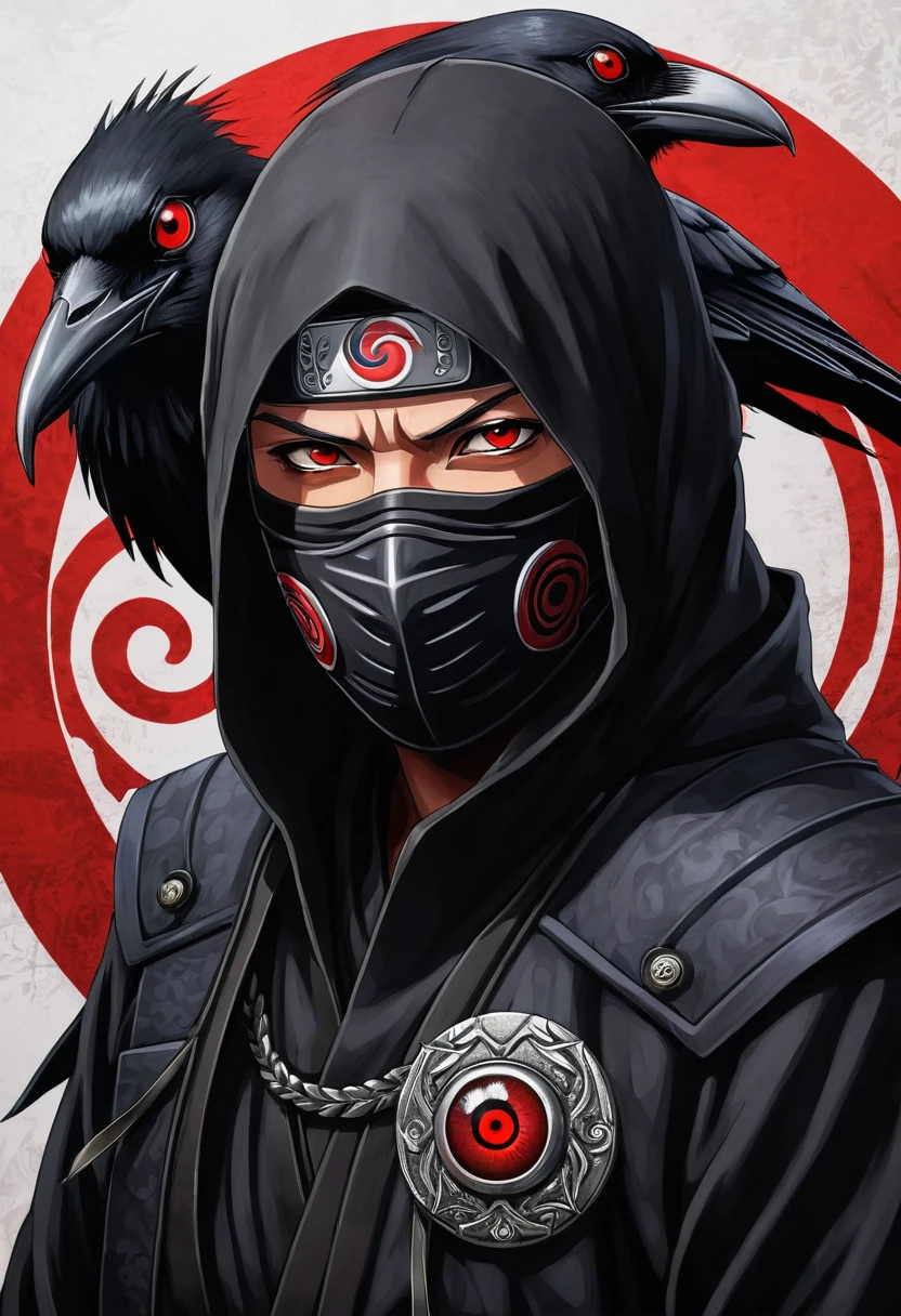 Highly detailed, 10k, ninja, itachi,crow on his shoulder, ninja badge on his head, sharingan eye, red eyes, wearing black clothes, fierce looking 