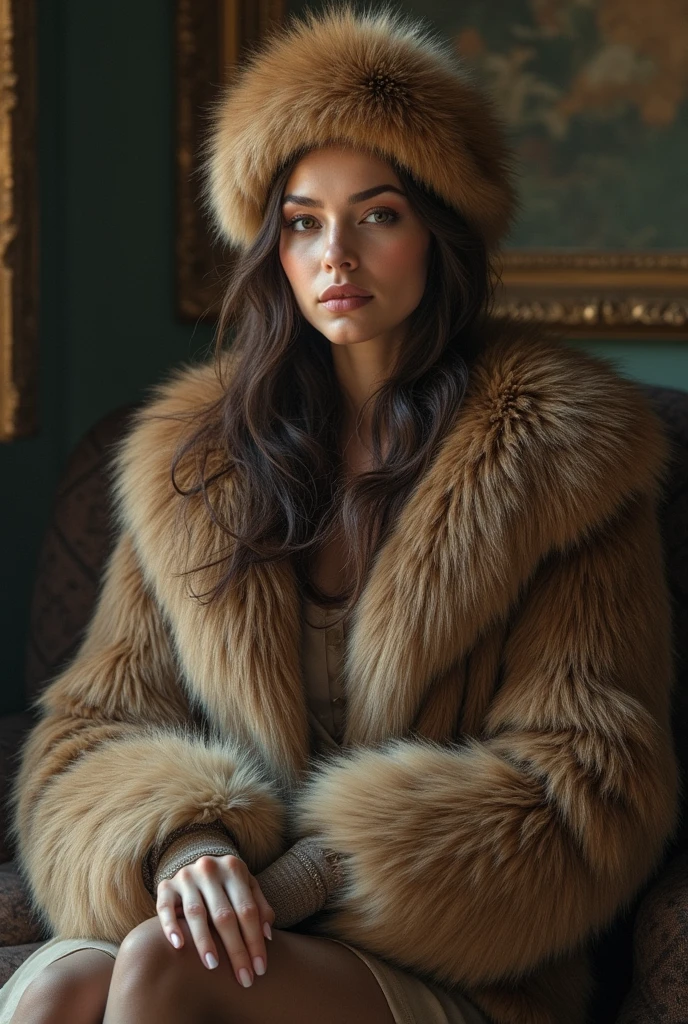 A beautiful women sitting upright, with a fur cap on with beautiful hairs, and a fur stole slightly dropped from right shoulder, sitting upright and her palms inside huge fur muff into which her forearm had vanished