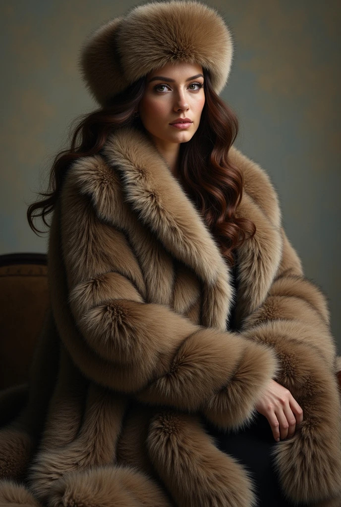  
A beautiful women sitting upright, with a fur cap on with beautiful hairs, and a fur stole slightly dropped from right shoulder, sitting upright and her palms inside huge fur muff into which her forearm had vanished