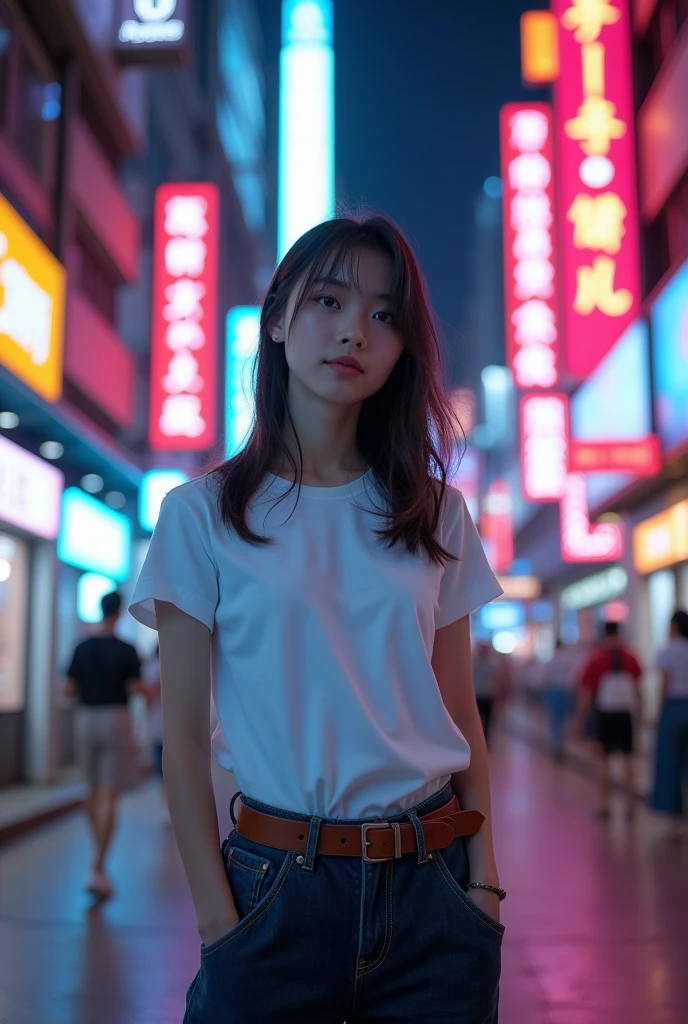 girl,Real photography,Natural light,((best quality、8k、masterpiece:1.3))、Ultra-high resolution、(photorealistic:1.4),Wearing a white T-shirt,brown belt,On the streets of cyberpunk,Hong Kong at night,Neon lights,Clear Cards