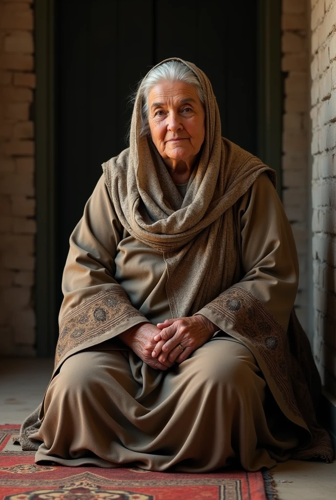 Bbw grandmother arab sitting on the floor and looking at the photographer