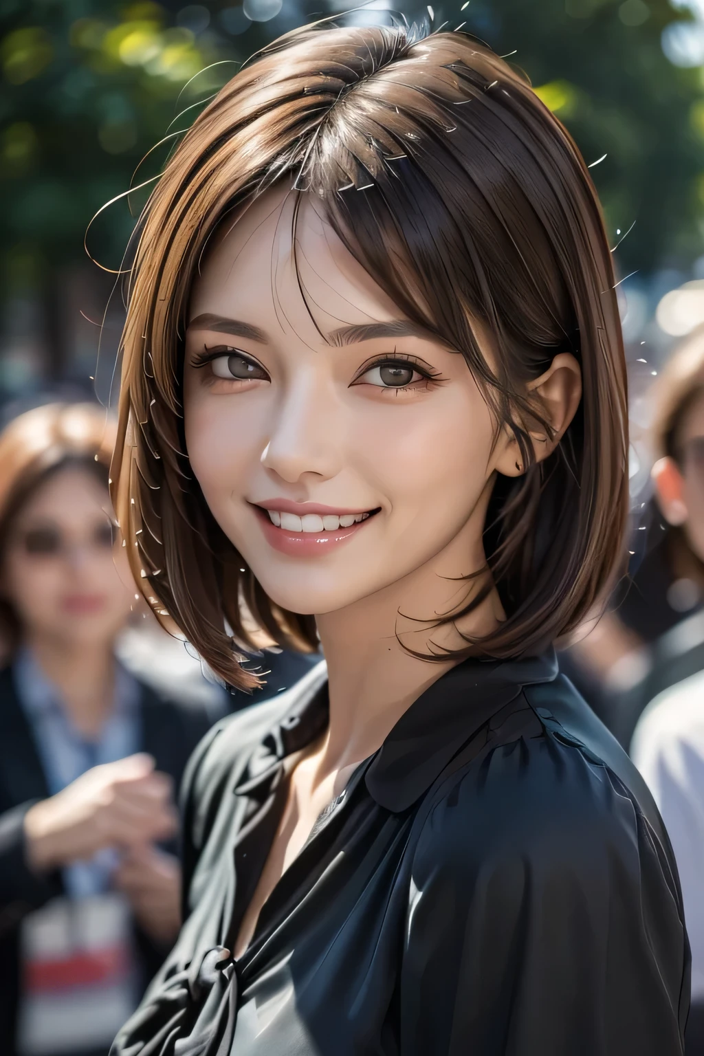 ((masterpiece)), ((Highest quality)), ((Complex)), ((Surreal)), (Realistic), (Mature Woman), ((No classes)), Very detailed, (1 female), Beautiful and exquisite, (Beautiful Teeth), Grin, Brunette bob hair, Brown eyes, ((blouse)), (Upper Body), (background:none), Perfect Eyes, Captivating eyes, Looking at the audience