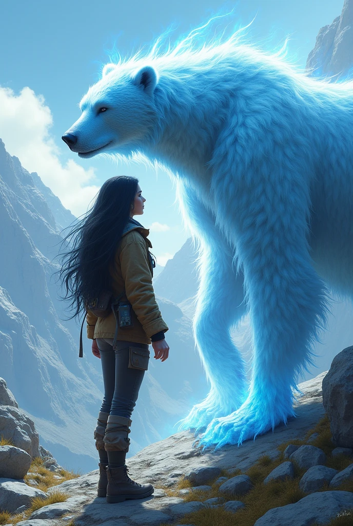Create a black-haired woman in mountain clothing with a blue bear ghost