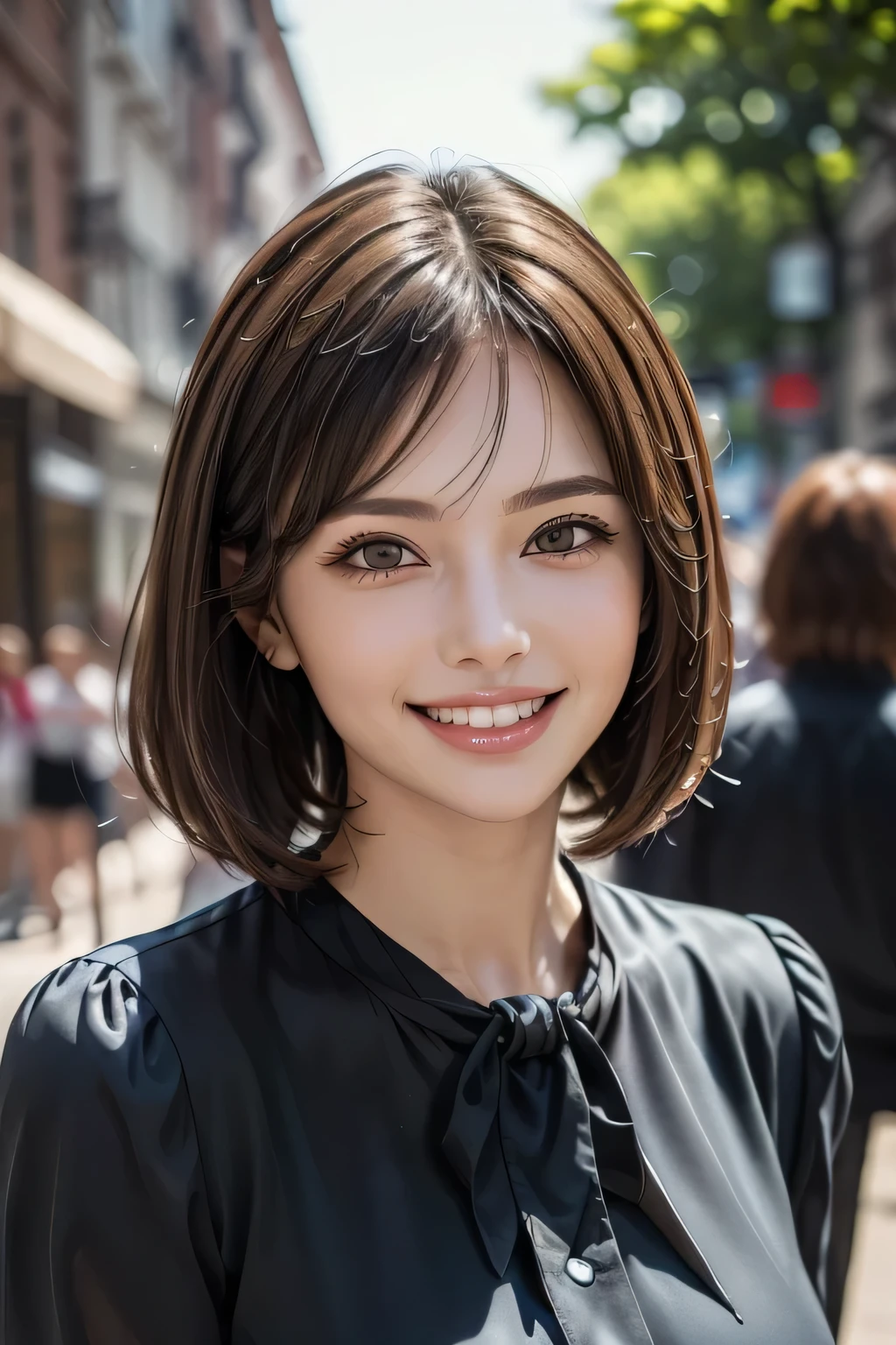 ((masterpiece)), ((Highest quality)), ((Complex)), ((Surreal)), (Realistic), (Mature Woman), ((No classes)), Very detailed, (1 female), Beautiful and exquisite, (Beautiful Teeth), Grin, Brunette bob hair, Brown eyes, ((blouse)), (Upper Body), (background:none), Perfect Eyes, Captivating eyes, Looking at the audience