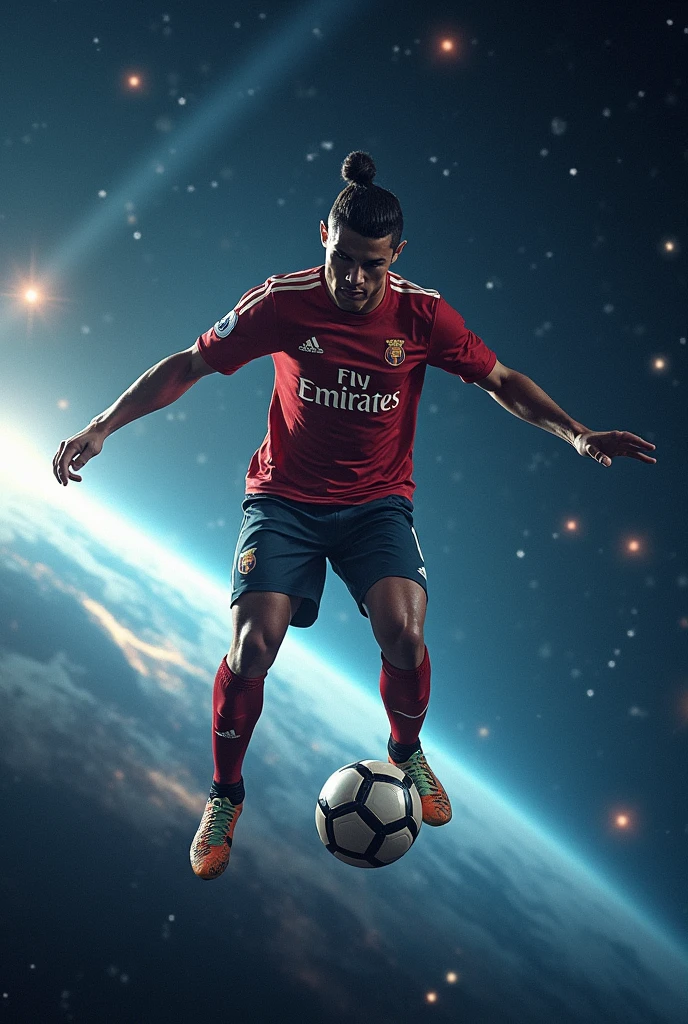 Create 15 image of Christiano Ronaldo playing football in space
