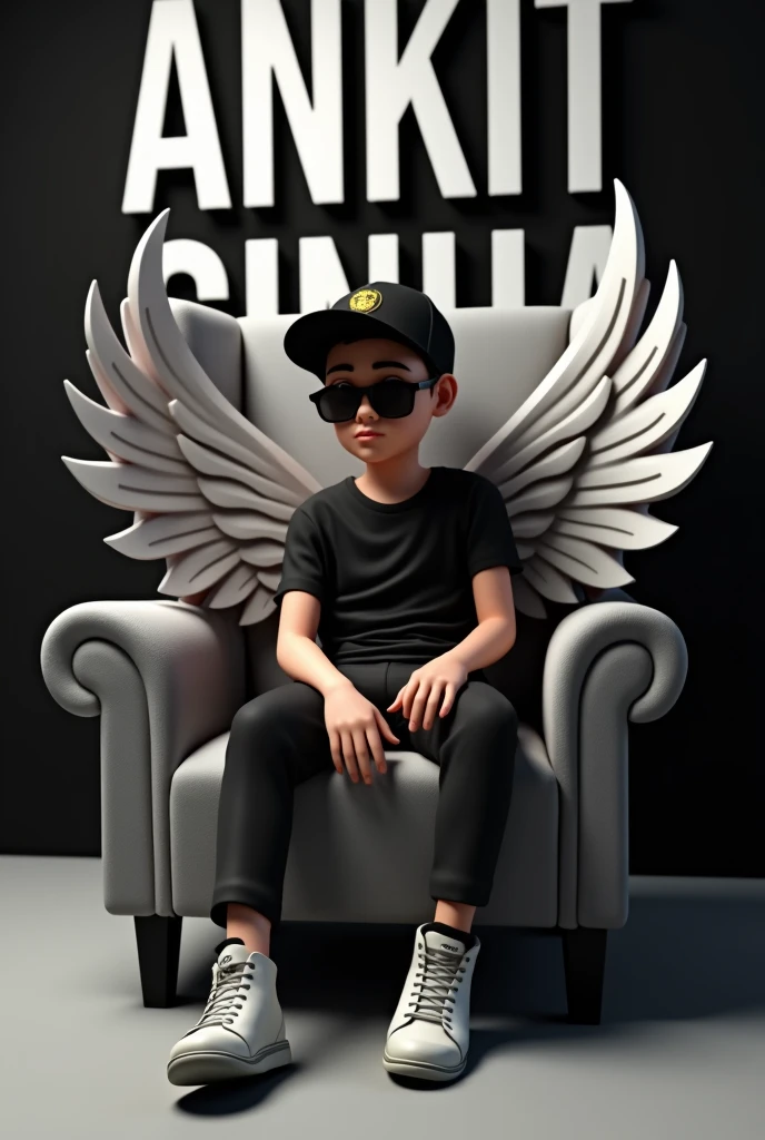 Create a 3D illustration of a adult boy in a black shirt sitting casually on a wingback chair wearing sneakers, a black cricket cap, and sunglasses while looking ahead. The background features “Ankit Sinha” in big and capitalised white fonts on the black wall. There should not be his shadow, and there are wings to make it appear as if he is an angel