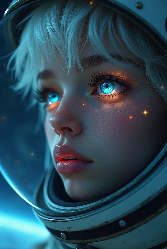 (Close-up of a better masterpiece:1.5)0.9], (Space and astronauts:1.2) (Messy silver hair:1.1) (Heterochromia xanthochromia and blue eyes:1.2) (Space Helmet:1.0) (Colored stars in the eyes:1.0) (A radiant glow:1.1) (thick lips:0.9)