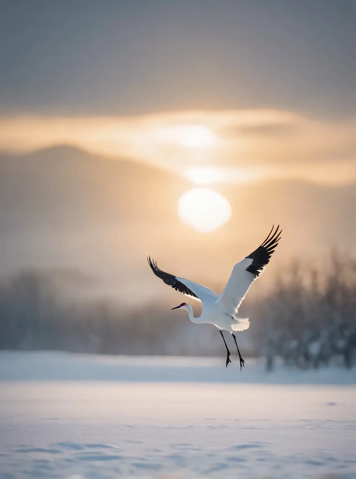 A fifty-year-old spreading his wings and flying in the sky, japanese crane bird in center, Gentle and graceful, two cranes flying across the sun, Beautiful and elegant, crane, trending on 500px, 5 0 0 px trend, By Ilya Ostrukhov, by Mathias Kollros, Flying into the sunset, Unsplash Contest Winning Photo