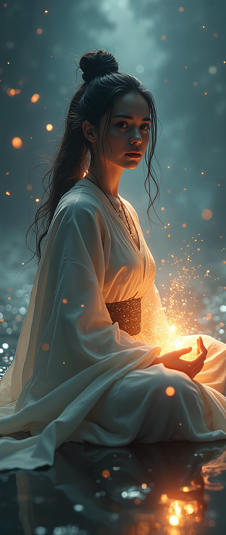 (masterpiece:1.2,Exceptional Quality,mirror-like,Cinematic Experience,Photorealistic:2.0,RAW Photos:2.0),8k,wallpaper,(1 female),(Detailed hand drawing:2.0),(Beautiful female hands:2.0),(A female ninja sage in the world of illusion:2.0),(Ninja black costume:2.0),(Look this way),(Beautiful Eyes,Beautiful and shining eyes),(Women are on the brink of enlightenment:2.0),(She is meditating:2.0),(The woman's body is enveloped in an aura of enlightenment:2.0),(The background is the universe made up of 3,000 worlds:2.0),(VFX:2.0,CG:2.0)