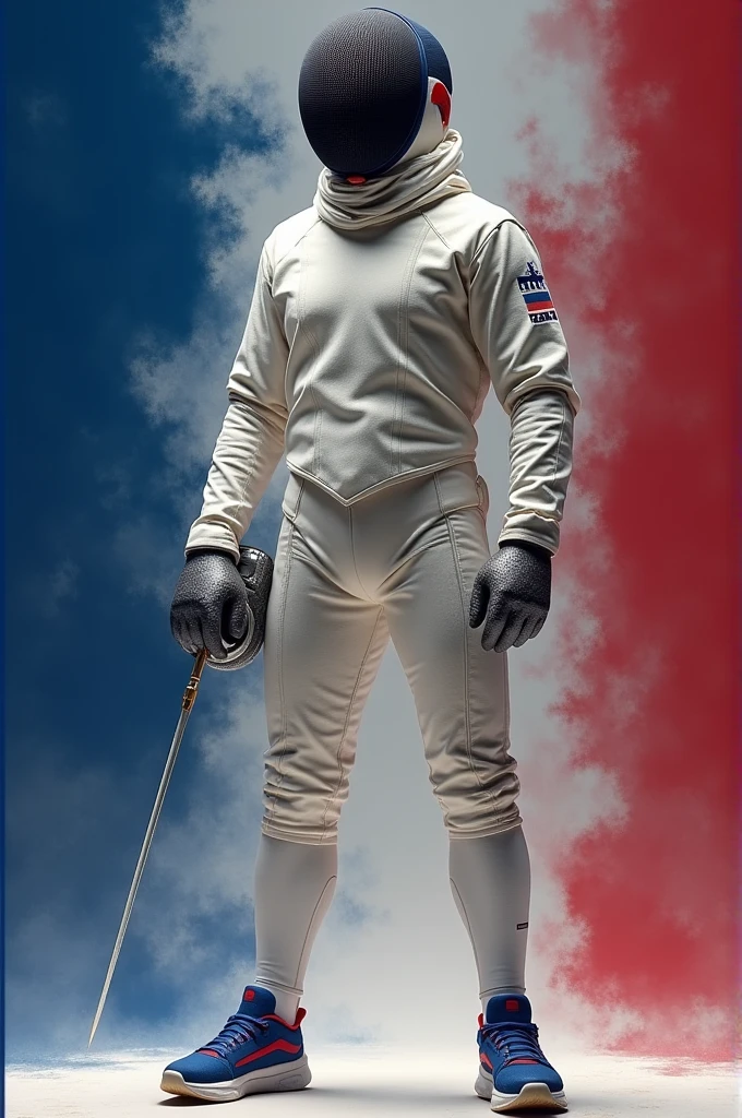 Character inspired by a fencer with a white fencing sword decorated with blue and grayish mixed with white a black fencing helmet mixed with dark pale red a white fencer&#39;s clothing mixed with dark beige with bright light black blue sneakers decorated with red and white lines framed on his fencing clothing which is the color of France red blue and white is a dangerous fighter side 