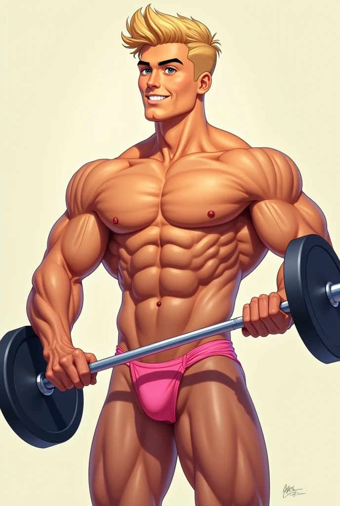 best quality, masterpiece, fill frame, zoomed out, full body, cel shading art, poster of handsome young man in early twenties with short undercut blond hair, athletic build, smile, wearing pink thong, lifting a barbell, perfect fingers, perfect hands, perfect face, perfection, no background