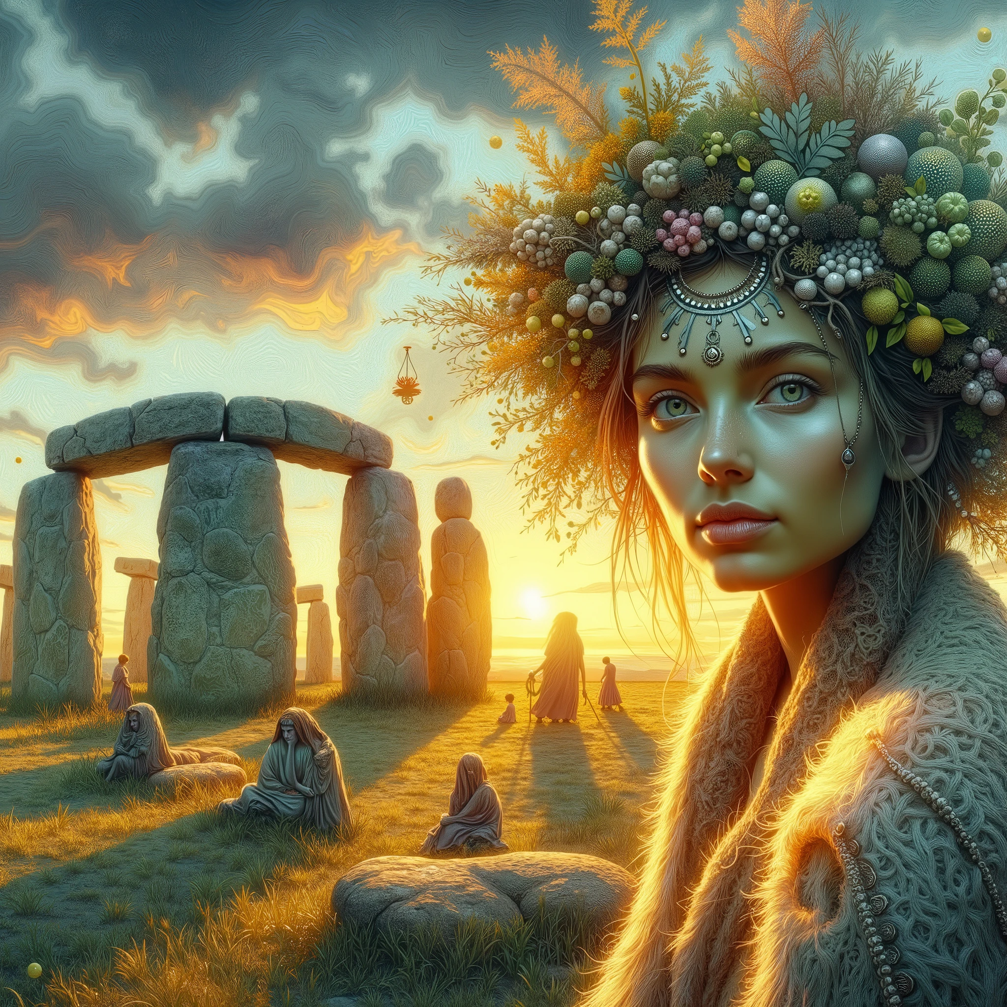 beautiful Neolithic female nature wanderer, enigmatic towering humongous ornated Stone Structure, overnight near village stone circle, detailed beautiful face, insanely detailed and intricate otherworldly Neolithic nature scene background, ultra photo realistic oil on canvas painting