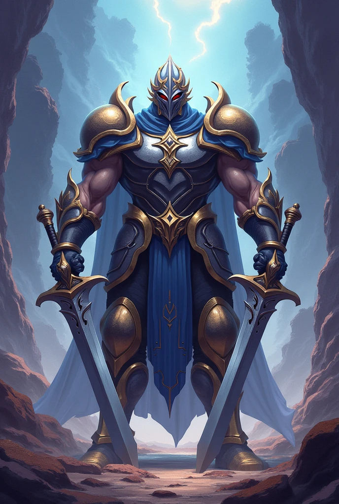 Create an image of a knight with a helmet, armor and 2 large sword, a muscular body like bodybuilding, fantasy, anime