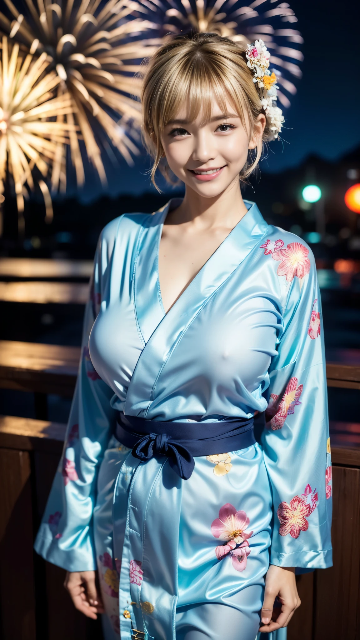 (8k,Ultra-high resolution,Highest quality,masterpiece,Realistic,Ultra-high resolution,High-quality RAW color photos,Professional photos,Realistic,Realistic),Natural skin texture,Fine skin,Hyperrealism,Intricate details,Adult women,Eye highlights,Glossy Lips,(Cute smile,Blonde short hair,Blonde Hair,bangs),(((A light blue yukata with a flashy floral pattern,Tight yukata,geta))),((((Night Sky,Summer festival,firework,Large crowd))))Warm lighting,(Shiny skin,See-through ,full body)