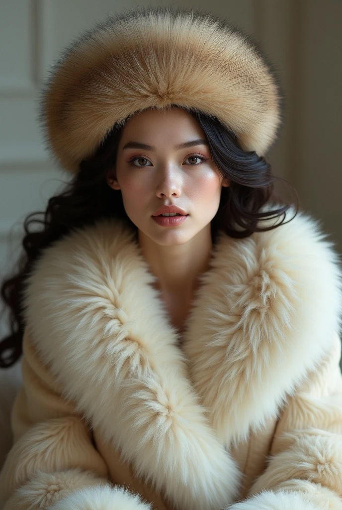 A beautiful women sitting upright, with a fur cap on with beautiful hairs, and a white or beige fur stole slightly dropped from right shoulder, sitting upright and her palms inside huge fur muff into which her forearm had vanished