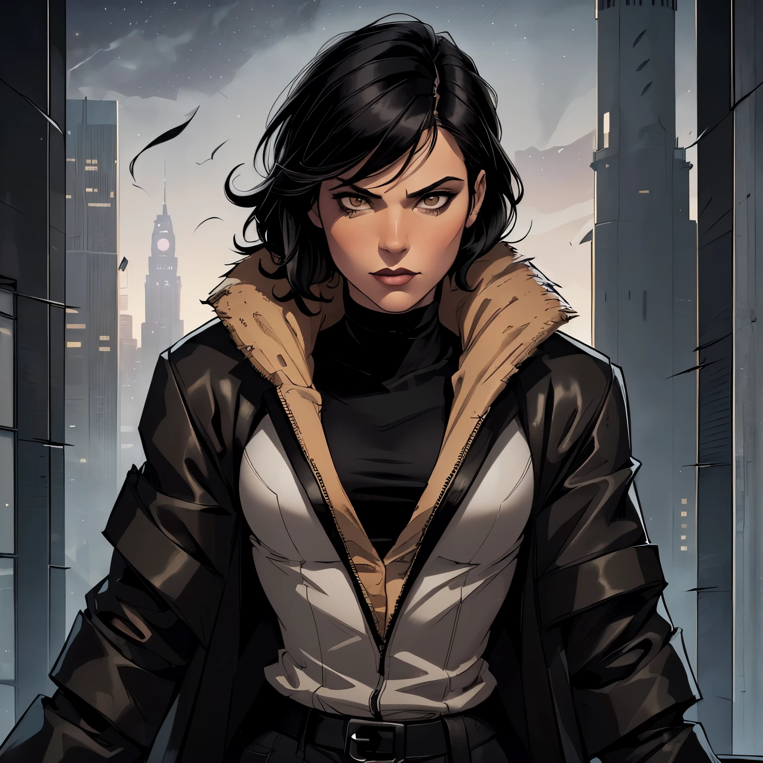 (a Spanish women:1.3), (short black hair, hazel eyes:1.3), tomboy, intimidating looks, sharp chin, (wearing black fur jacket, long sleeves, long pants:1.2), (on the top of tower:1.4), (windy, night city background:1.4)