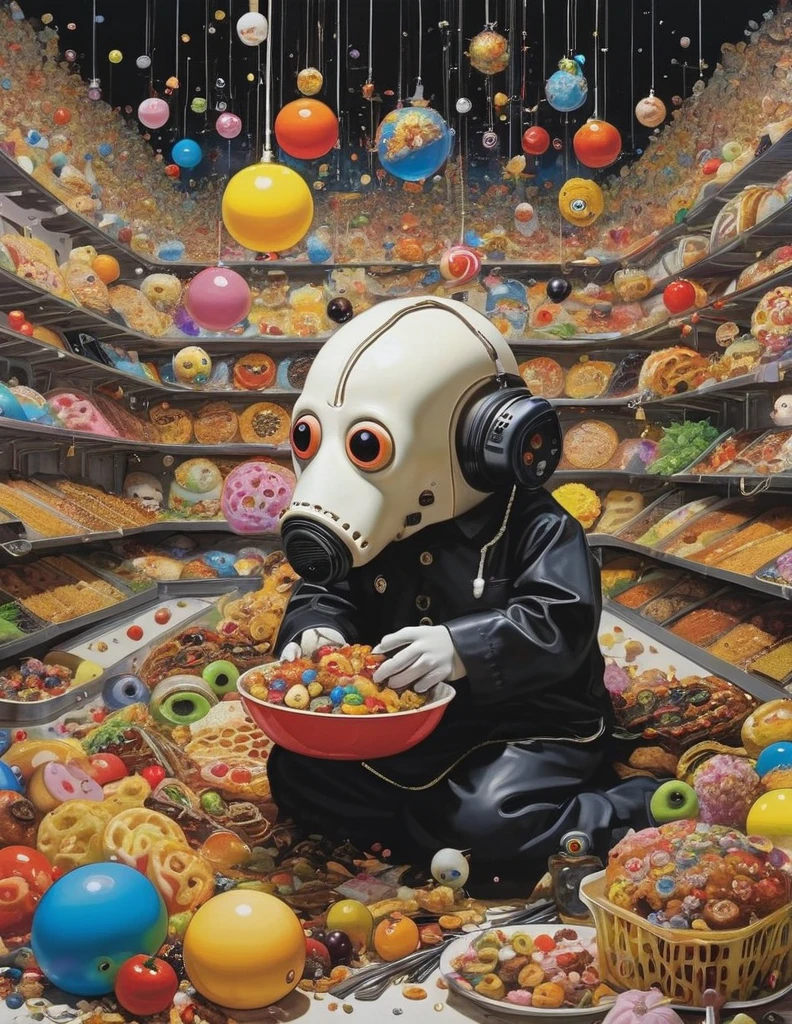 grbtw art style, surreal, Anxious, Realistic, High resolution, beautiful, Highest quality, masterpiece, Very detailed、Half-eaten junk food is overflowing、Takashi Murakami